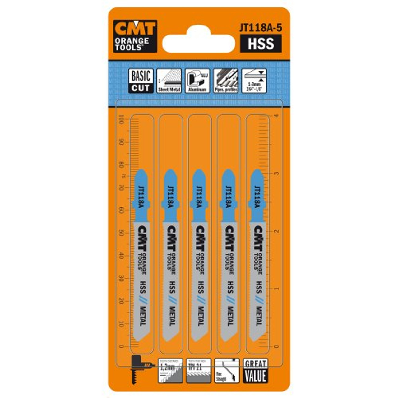 CMT JT118A-5 HSS Basic Fine Straight Cut JigSaw Blades for Metal, 21 TPI, 3", 5-Pack