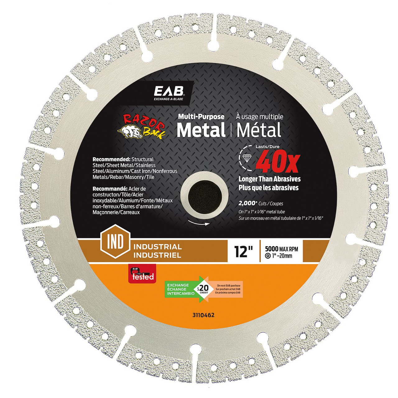 EAB 3110462 Metal Segmented Rim Diamond Blade, 12"
