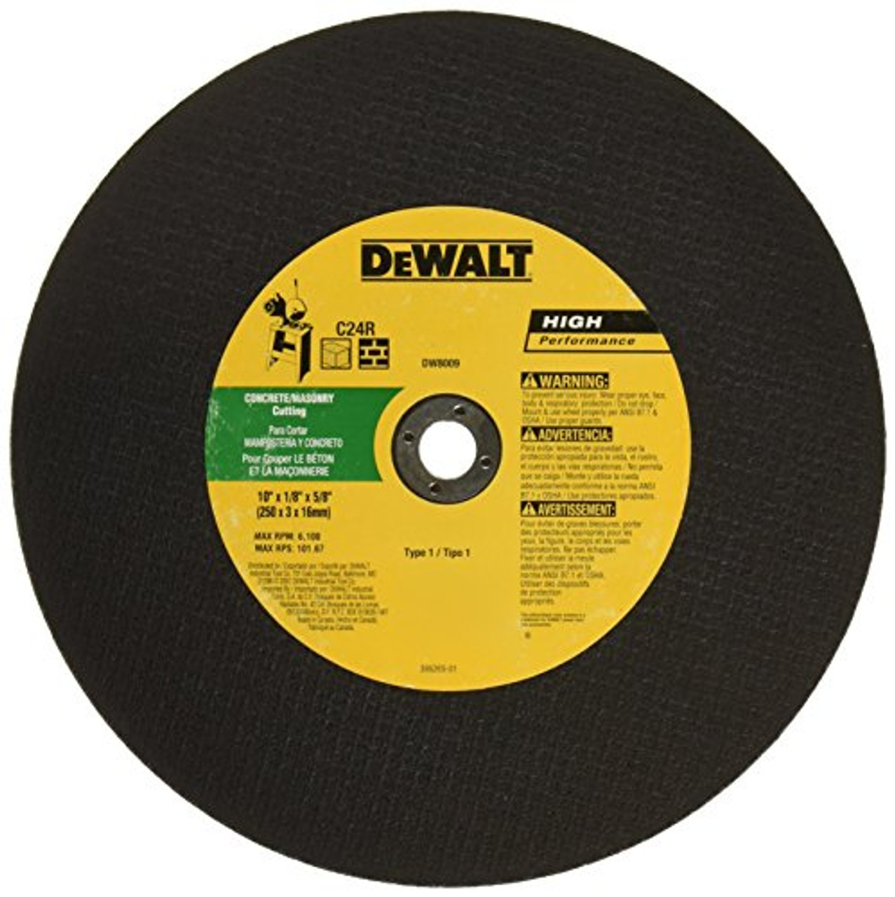 DeWalt DW8009 Concrete Cutting Chop Saw Wheel, 10" x 1/8" x 5/8"