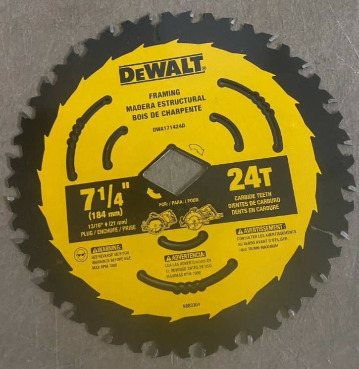 DeWalt DWA171424D Framing Carbide Circular Saw Blade, 24T x 7-1/4", 13/16" Diamond Arbor, BULK