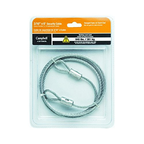 Campbell 5977206CBL Uncoated Security Cable with Swaged Eyes Each End in Clamshell, 3/16" Diameter, 6' Length, 840 lbs Working Load Limit