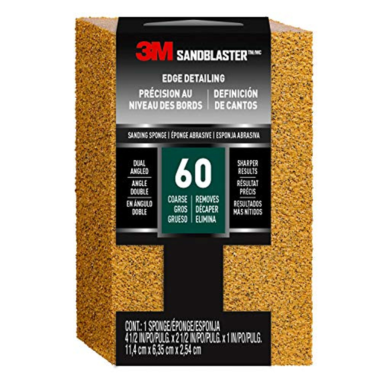 3M 9558 SandBlaster Paint Stripping Dual Angle Sanding Sponge, 4.5 in. x 2.5 in. x 1 in, 60 Grit, 1/Pack