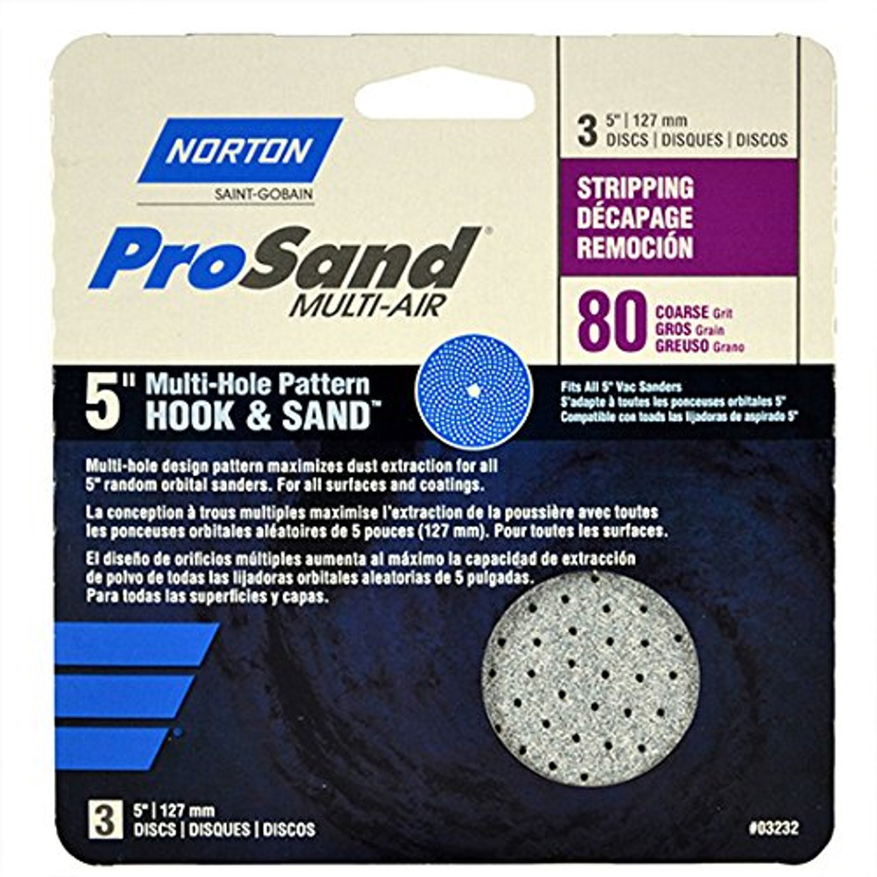 Norton 3-Pack 3X Hook and Sand 80 Grit Universal Vac Hole Sanding Disc, 5-Inch, 03232