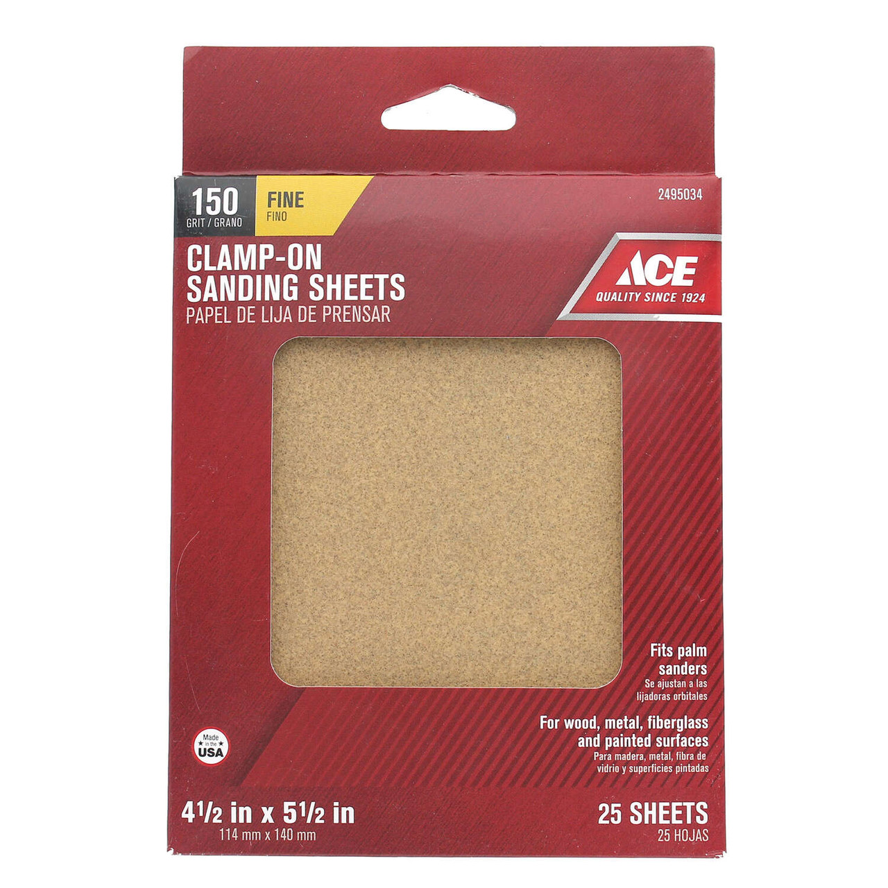 Ace 5-1/2 in. L X 4-1/2 in. W 150 Grit Aluminum Oxide 1/4 Sheet Sandpaper 25 pk (2495034)