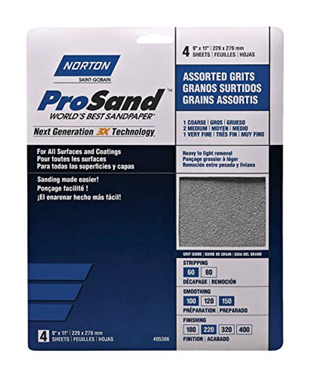 Norton ProSand (4-Sheets) 11 in. L x 9 in. W Assorted Grit Aluminum Oxide Sandpaper, 1 of each 60, 100, 150, and 220 grit, 05386