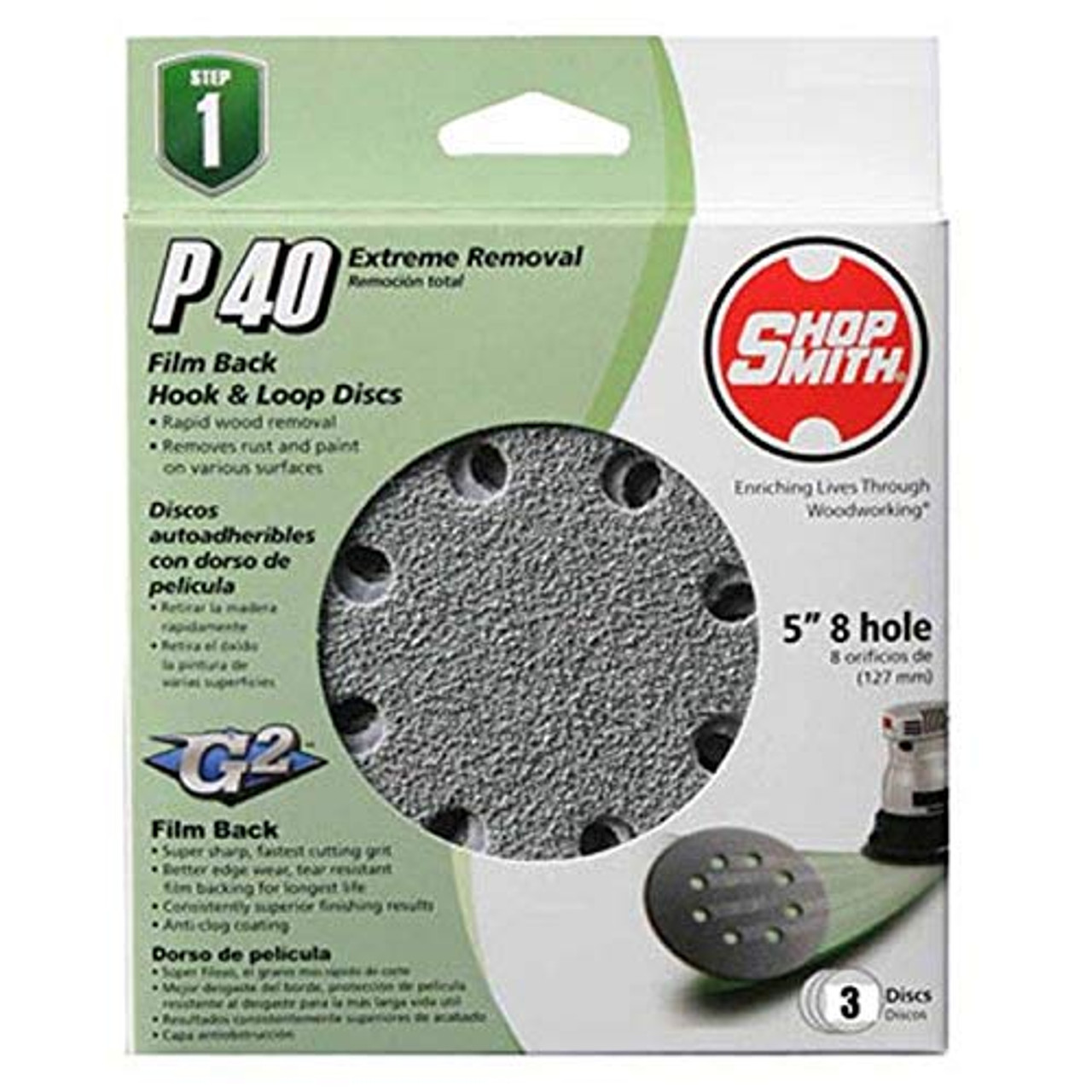 Shopsmith 12280 3 Pack, 5 -Inch, 8 Hole, 40 Grit, Hook and Loop Sanding Disc