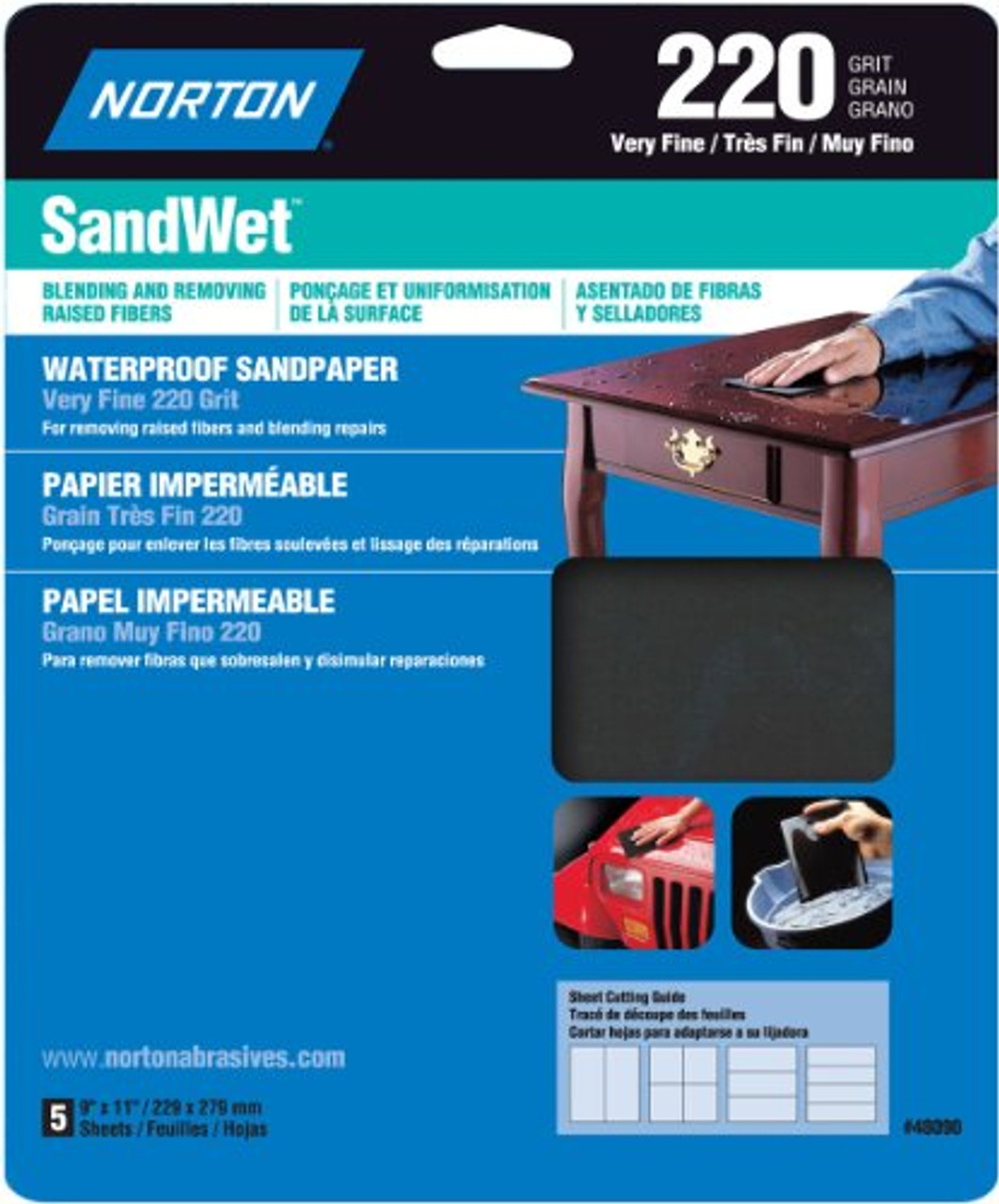Norton 48090 Sand Wet Sandpaper 220 Grit, 9-Inch x 11-Inch, 5-Pack