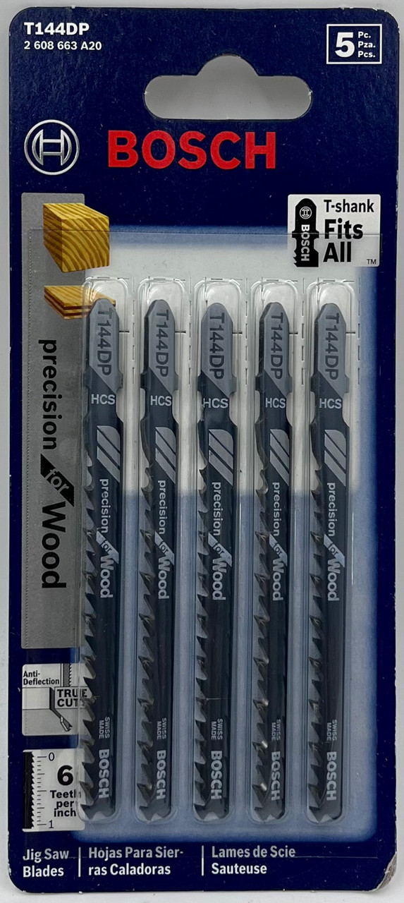 BOSCH T144DP 5-Piece 4 In. 6 TPI Precision for Wood T-Shank Jig Saw Blades