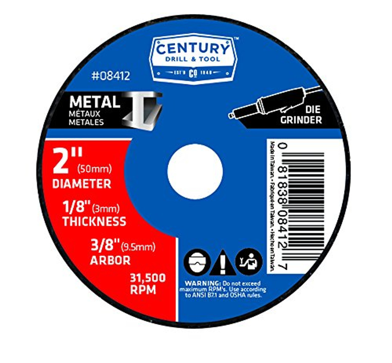 Century Drill & Tool 8412 Metal Abrasive Cutting and Grinding Wheel, 2" by 1/8"