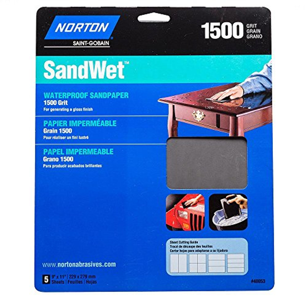 Norton 1500-Grit SandWet™ Wet/Dry Sandpaper Sheets 9" x 11", 1-Pack of 5-Sheets