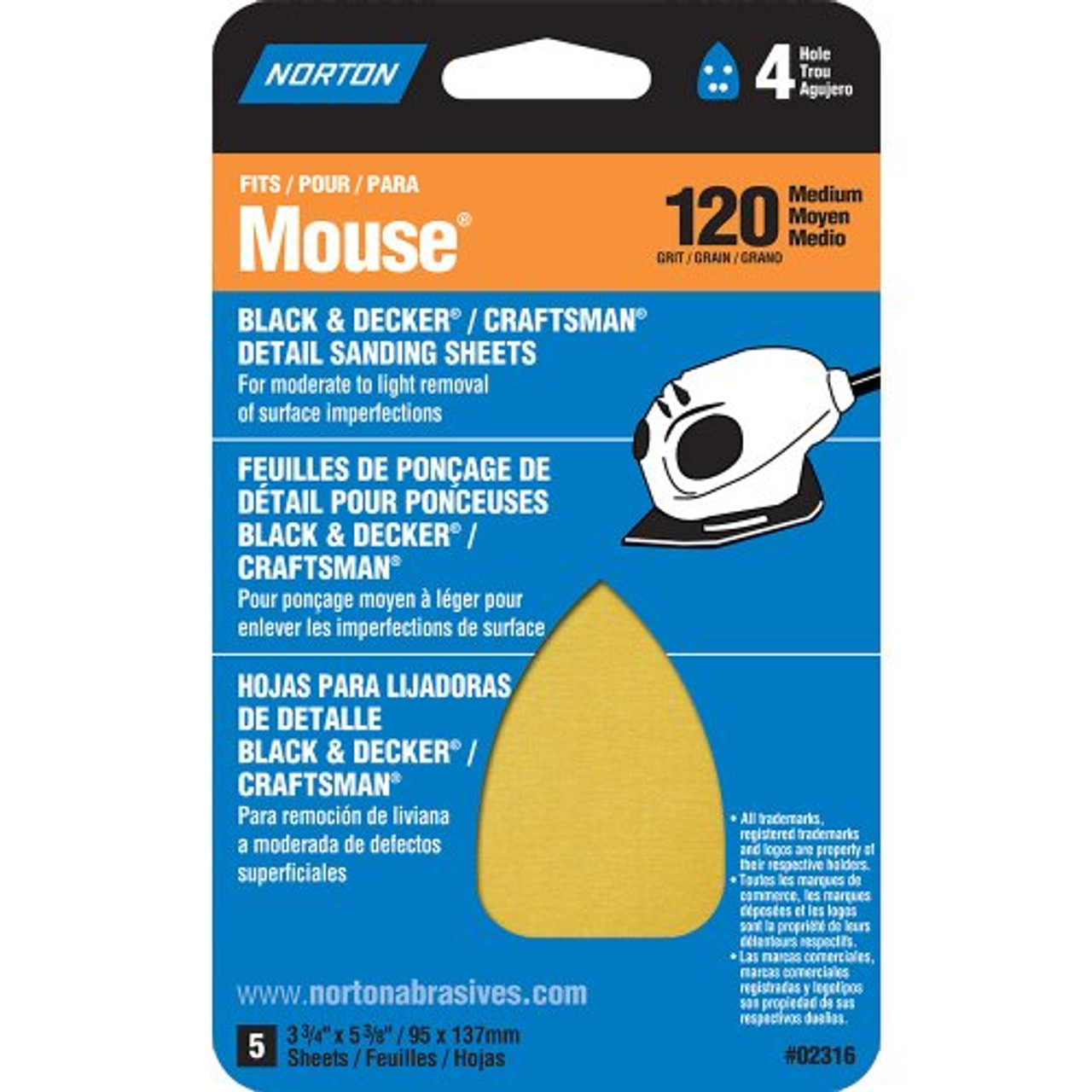 Norton (02316) Iron Shape Sanding Sheet for Black and Decker/Craftsman Mouse Sander, Hook and Loop, 7" Length x 3" Width, P120 Grit, Medium Grade (Pack of 5)
