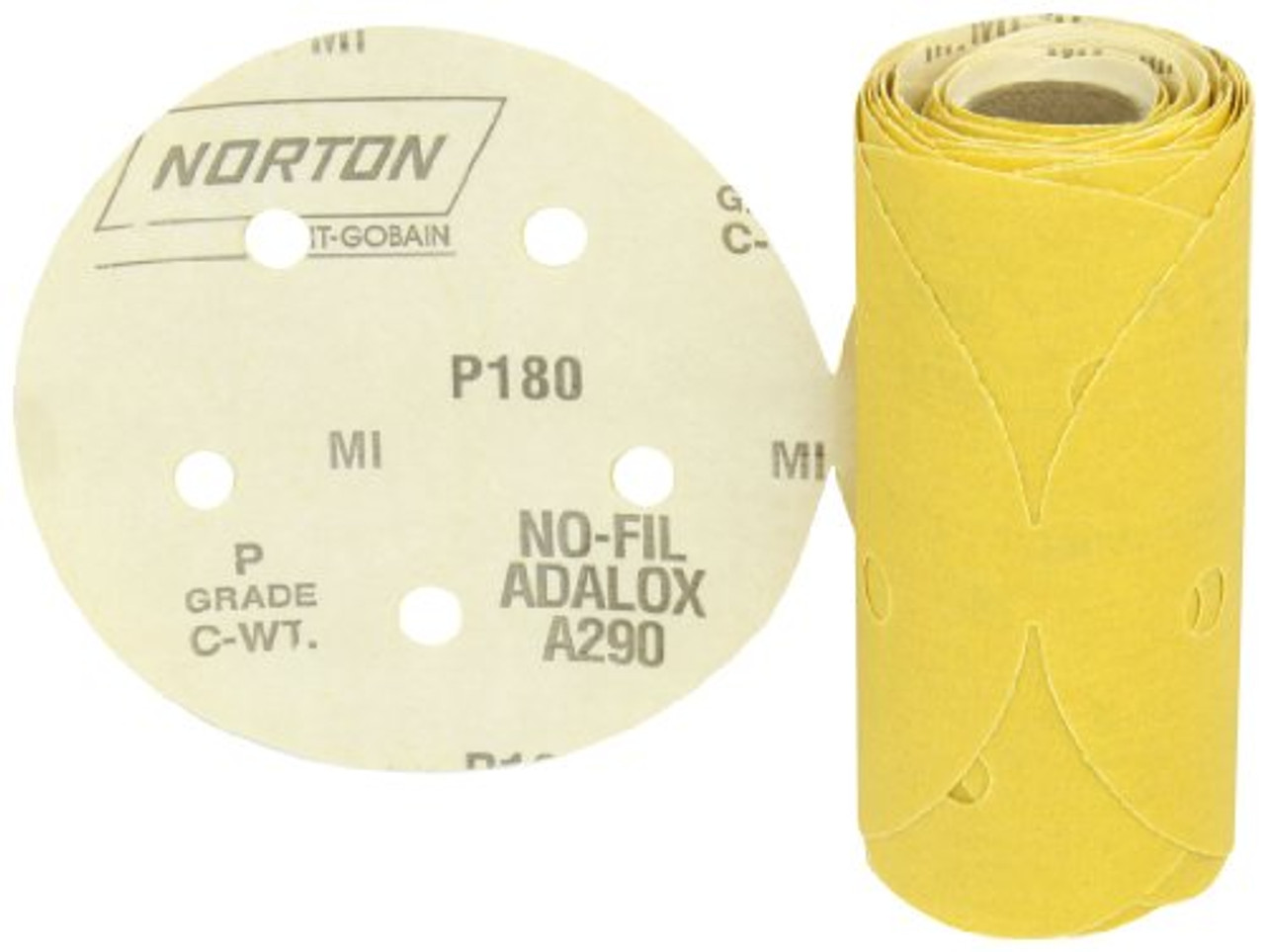 Norton (01646) Stick and Sand Abrasive Disc with Pressure-Sensitive Adhesive Attachment, Aluminum Oxide, 5 Holes, 5" Diameter, Grit P180 Fine (Roll of 50)