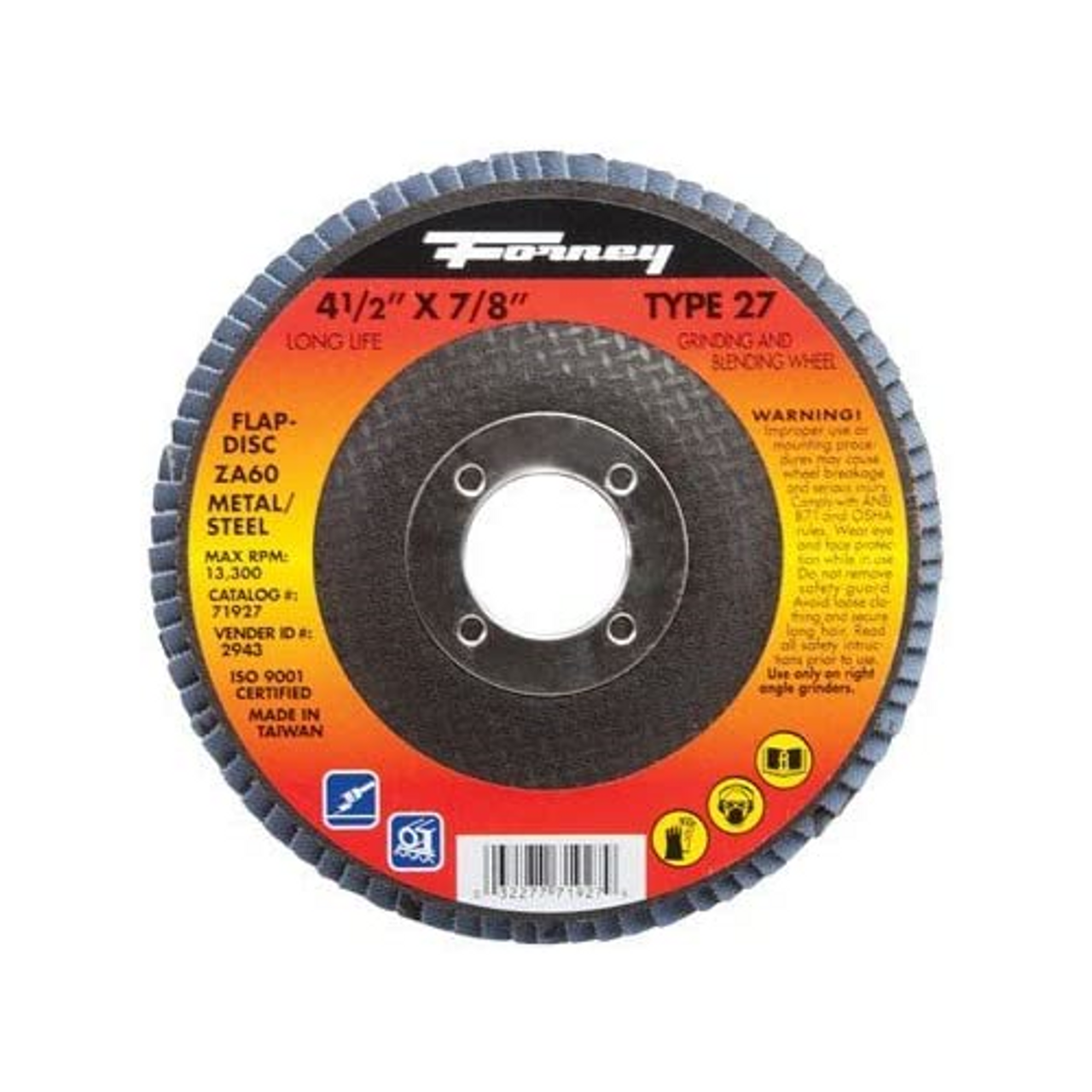 Forney 71927 Flap Disc, Type 27 Blue Zirconia with 7/8-Inch Arbor, 60-Grit, 4-1/2-Inch