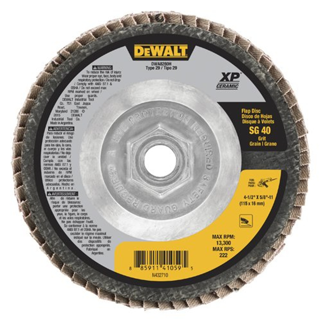 DeWalt DWA8280H SG40 T29 XP Ceramic Flap Disc, 4-1/2" x 5/8"-11