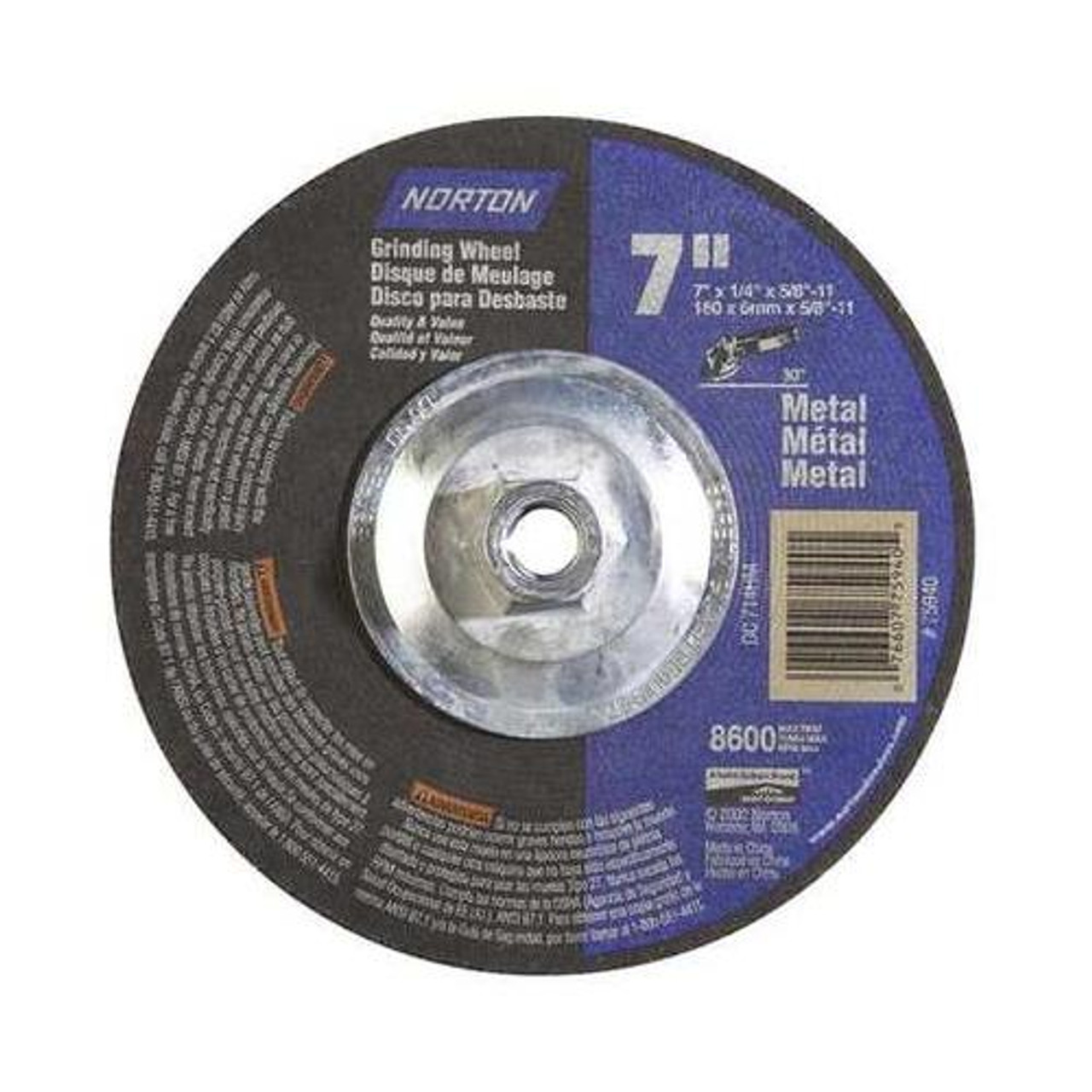 Norton 547-07660775940 Aluminum Oxide Type 27 Depressed Center Wheel, 7", 0.25", 24 Grit, 5/8-11 UNC, 8600 rpm