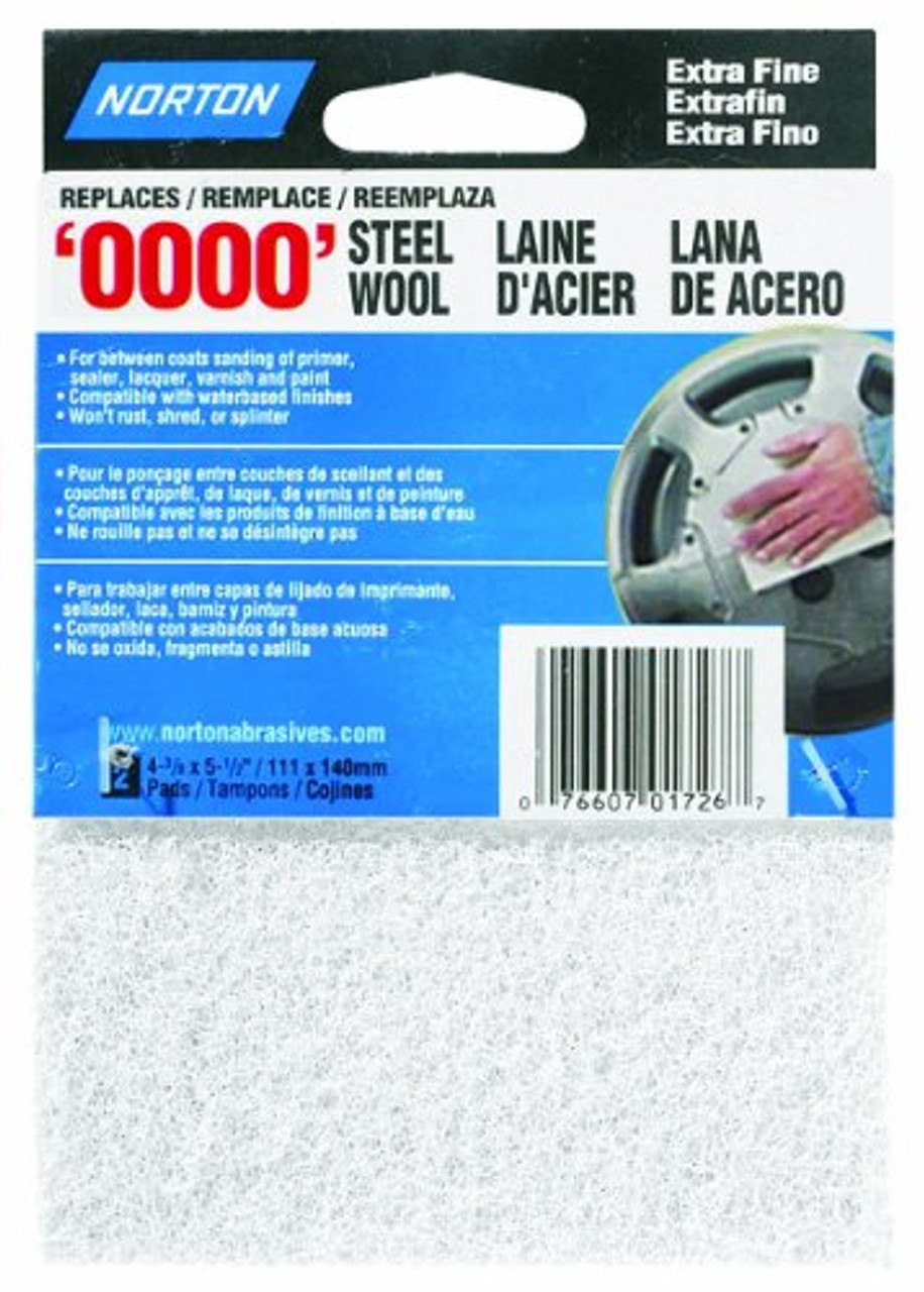 Norton (01726) Synthetic Super Fine Steel Wool, White, 1Pk of 2 Pads, White, 4-3/8" x 5-1/2"