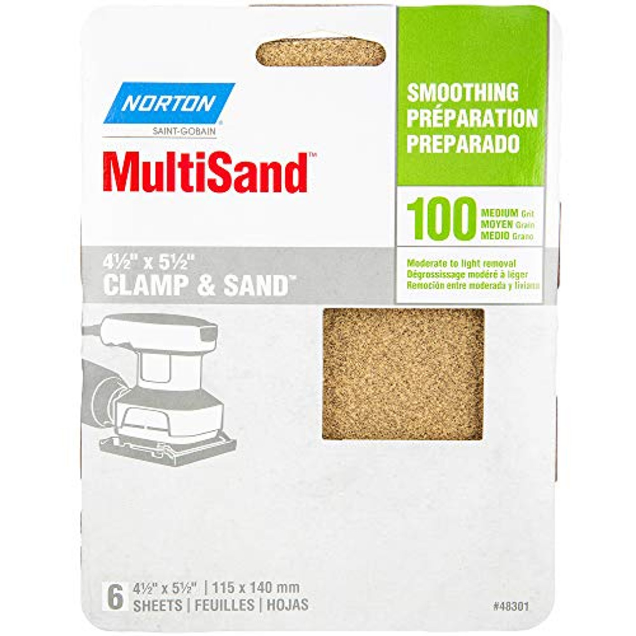Norton (48301), MultiSand 4-1/2" x 5-1/2", 100 Medium Grit Sandpaper Sheets, 1 Pack of 6 Sanding Sheets
