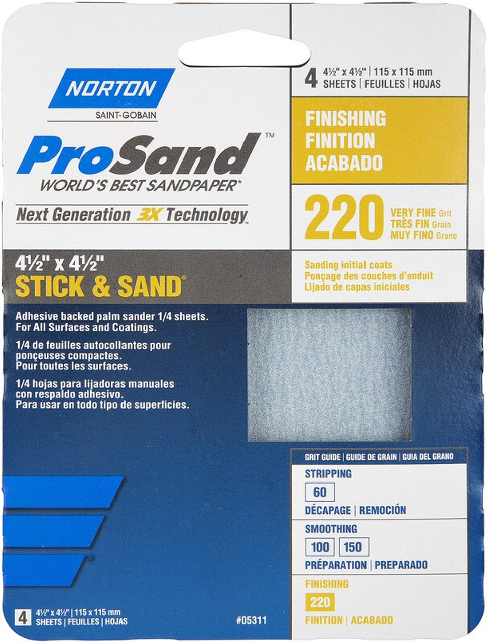 Norton 05310, 3X Stick and Sand  220 Grit, 4-1/2-Inch x 4-1/2-Inch Sandpaper, 1 Pk of 4 Sheets