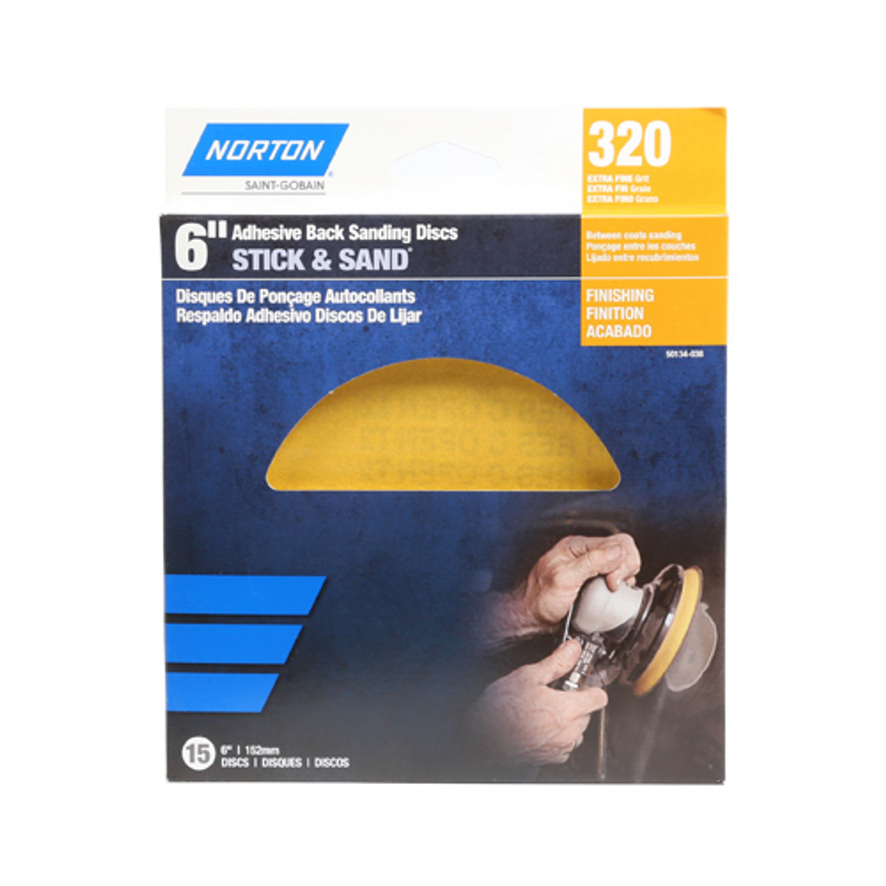 NORTON (50134-038) Adhesive-back Sanding Discs, Gold, 320 Grit, 6-in., 1-Pack/15-Discs