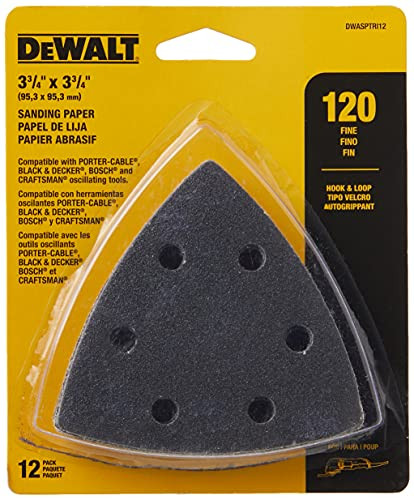 DEWALT (DWASPTRI12) 3-3/4" X 3-3/4" Hook and Loop Triangle 120 Grit Sandpaper, 12-Pack , Black