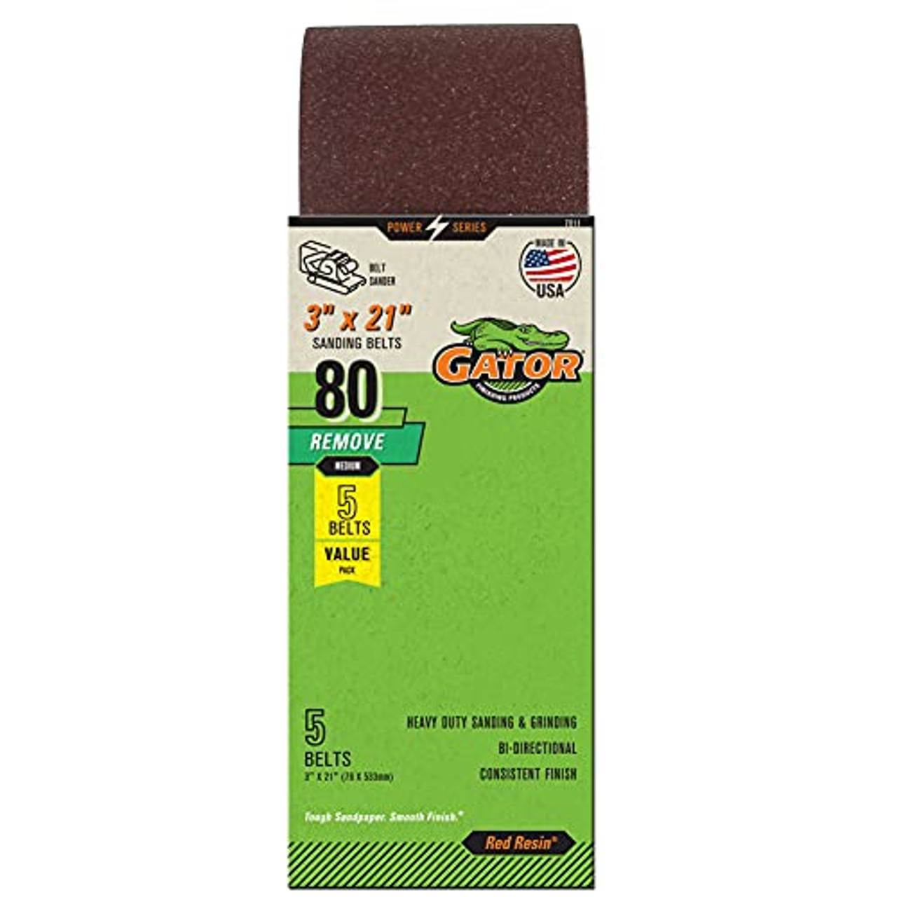 Gator (7011) 3" x 21" Red Resin Aluminum Oxide Sanding Belts, 80 Grit, 5 Pack