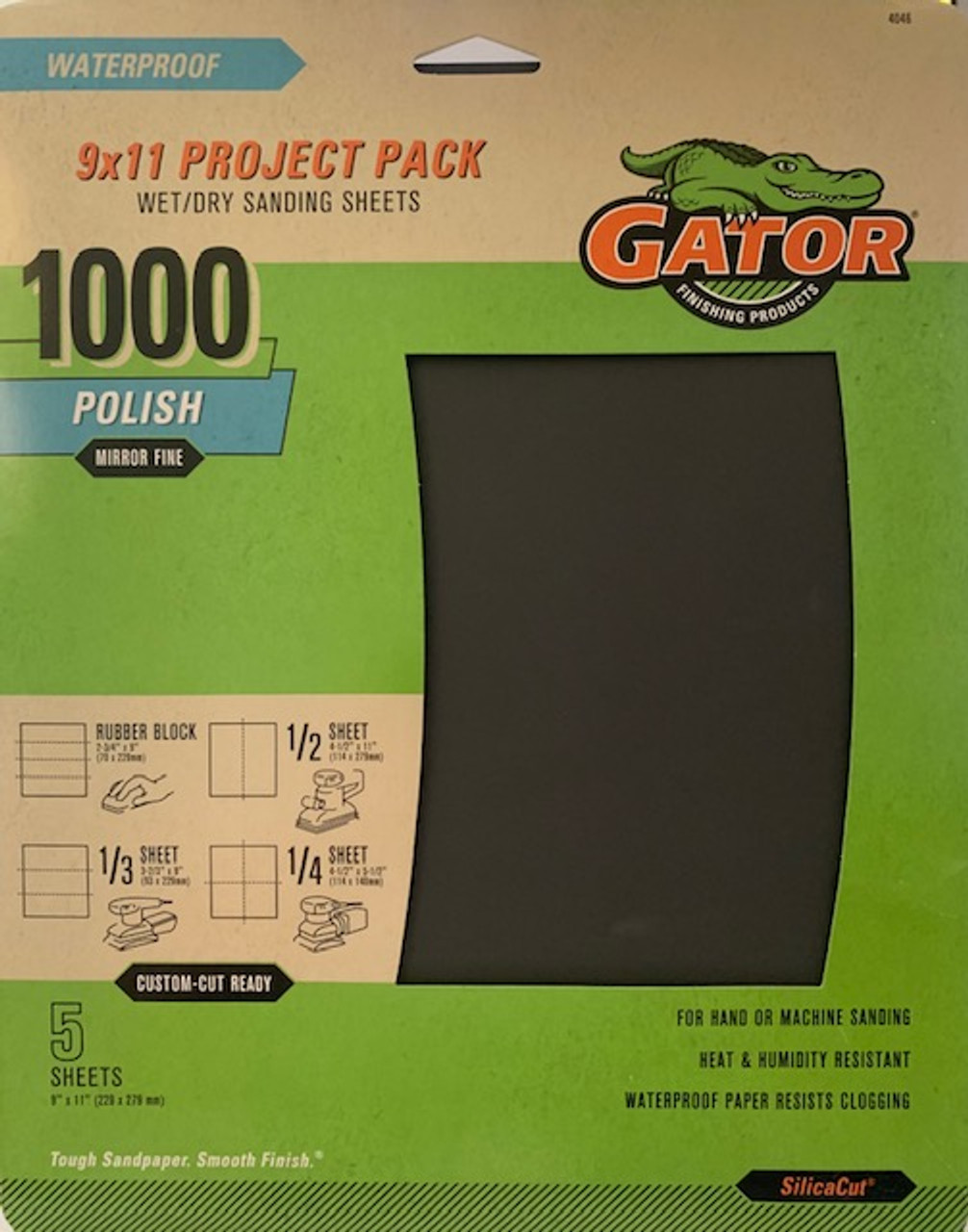 Gator (4046) 9" x 11", 1000 Grit Mirror Fine Waterproof Sandpaper, 1-Pack/5-Sheets