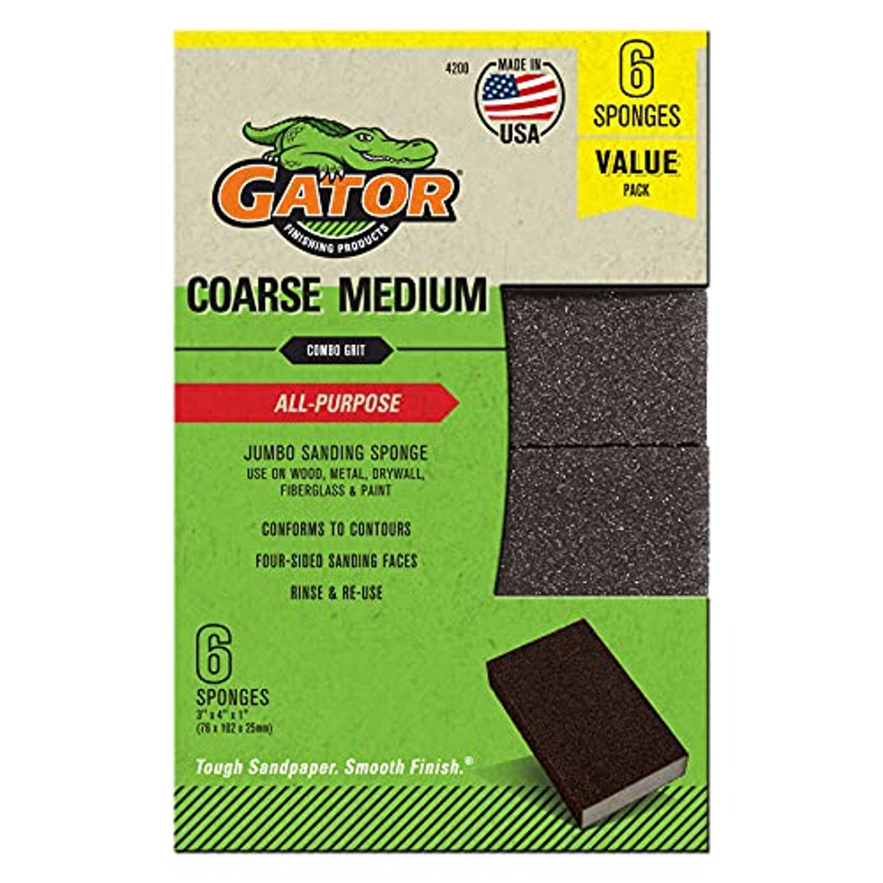 Gator (4200) MultiSurface Sanding Sponge, 3" x 4" x 1", 60/80 Grit Coarse/Medium, 6 Pack