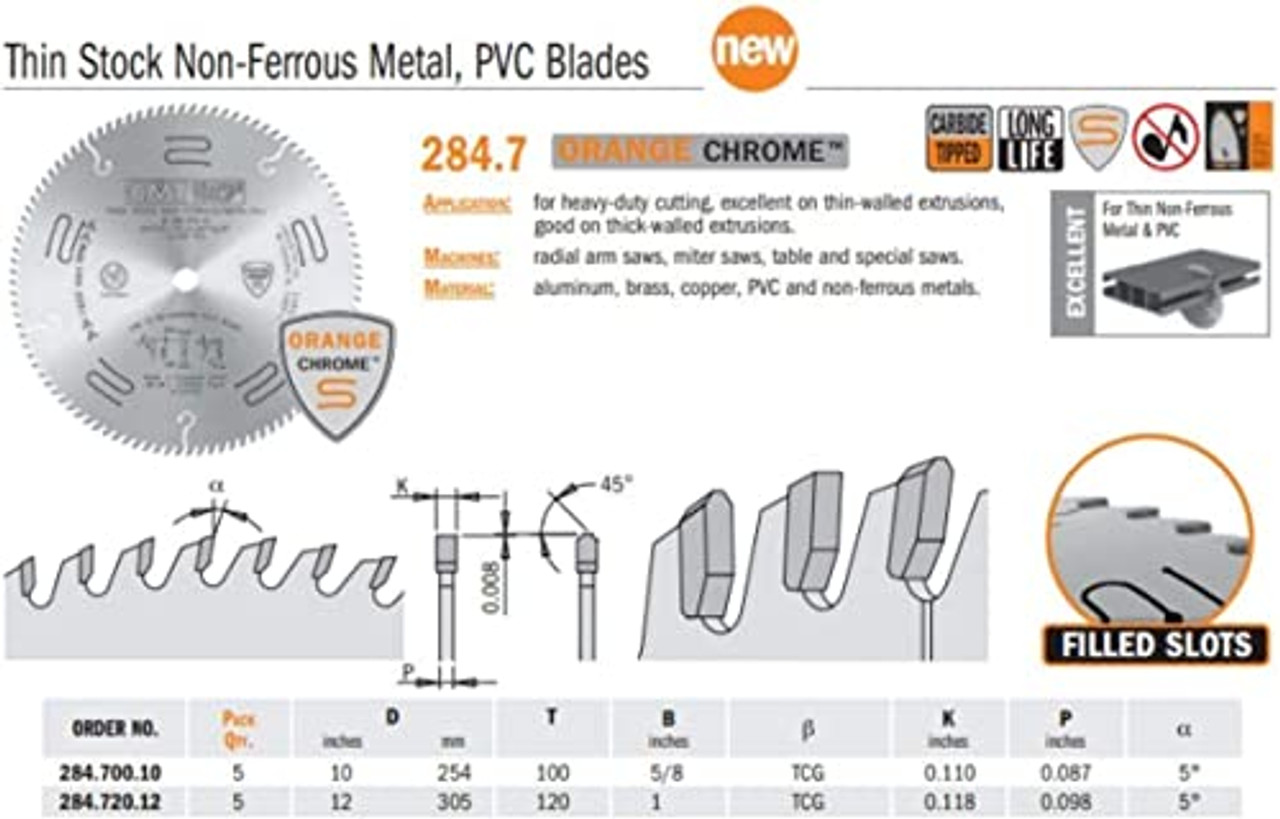 CMT ORANGE TOOLS (284.700.10) Chrome Thin Stock Non Ferrous Metal, PVC Saw Blades