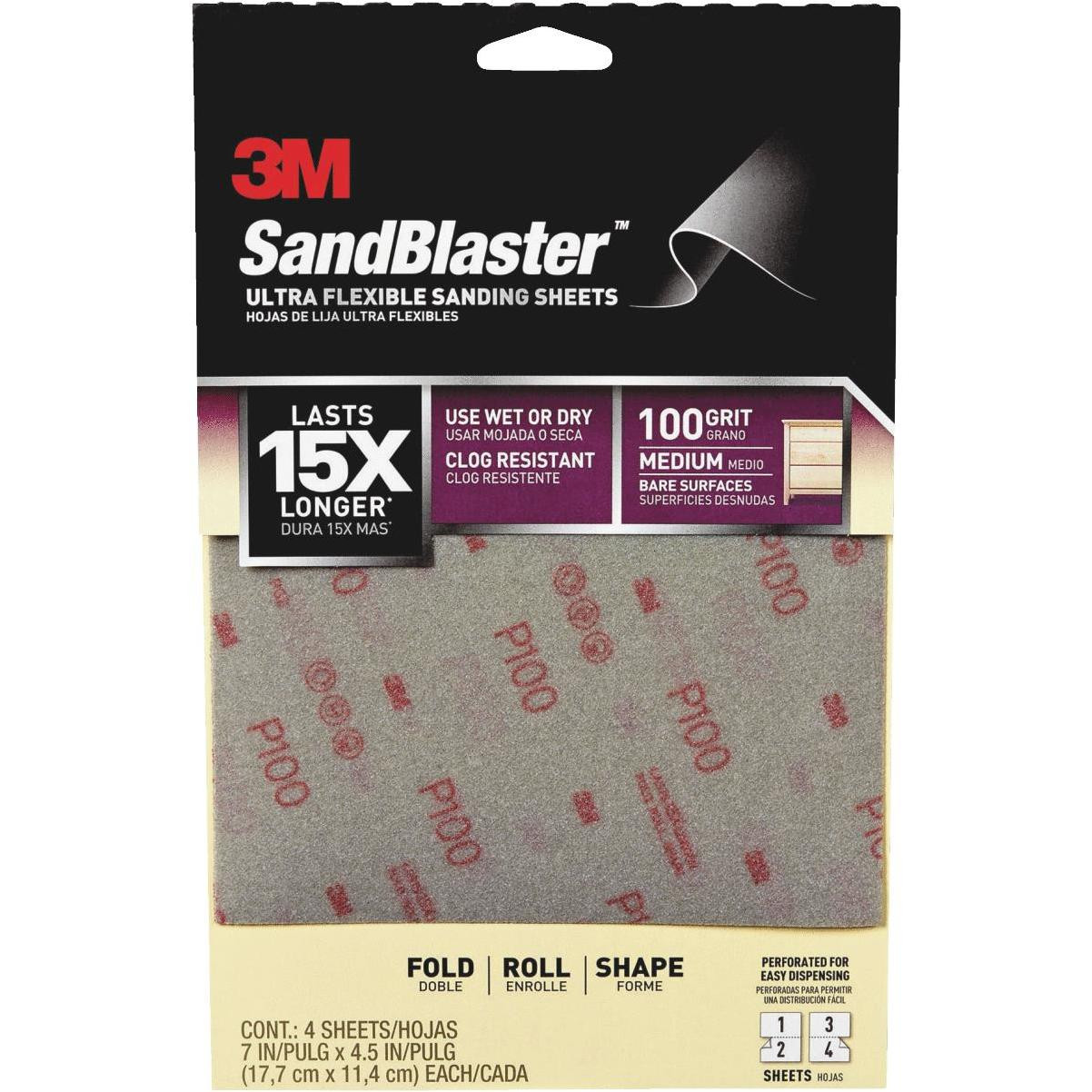 3M (28100SB-UF4) Sandblaster Ultra Flexible 4-1/2 In. X 7 In. 100 Grit Medium Sandpaper (4-pack)