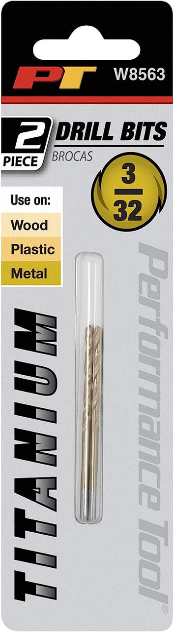 Performance Tool W8563 3/32" Titanium Drill Bits, 2pc Set - High Speed Steel Drill Bits for Wood, Metal, Plastic, and Fiberglass