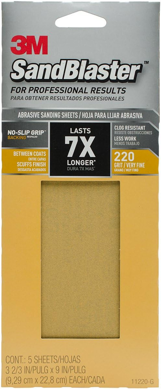 3M SandBlaster 11220-G Sandpaper with No-Slip Grip Backing, 3-2/3-Inch x 9-Inch, 1-PK/5-SHEETS