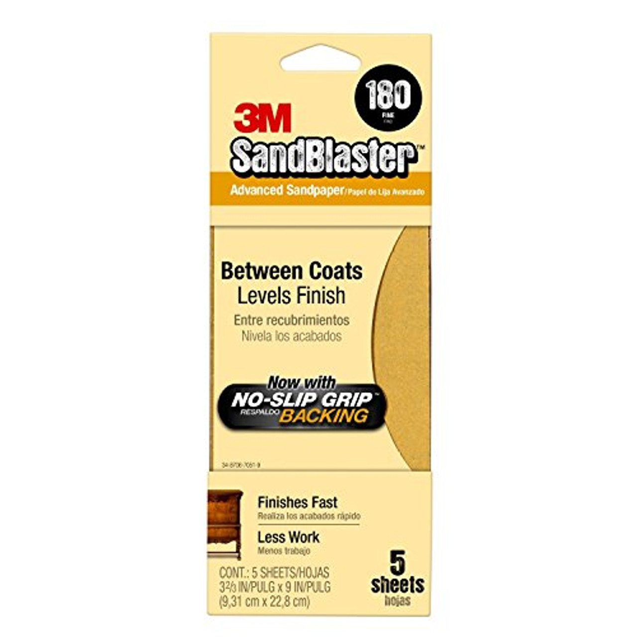 3M 11180-G Sandpaper with No Slip Grip Backing, 180 Grit, 3-2/3 by 9-Inch, Gold, 5 Per Pack