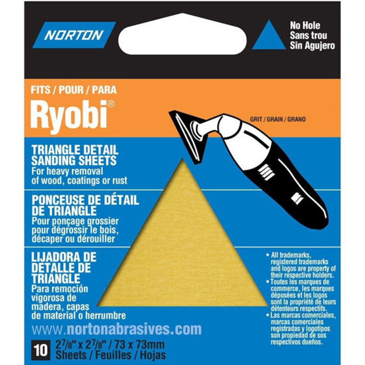 Norton (49283) DETAIL PROFILE For Ryobi, Triangle Sheets, Adhesive Back,M,100 Grit