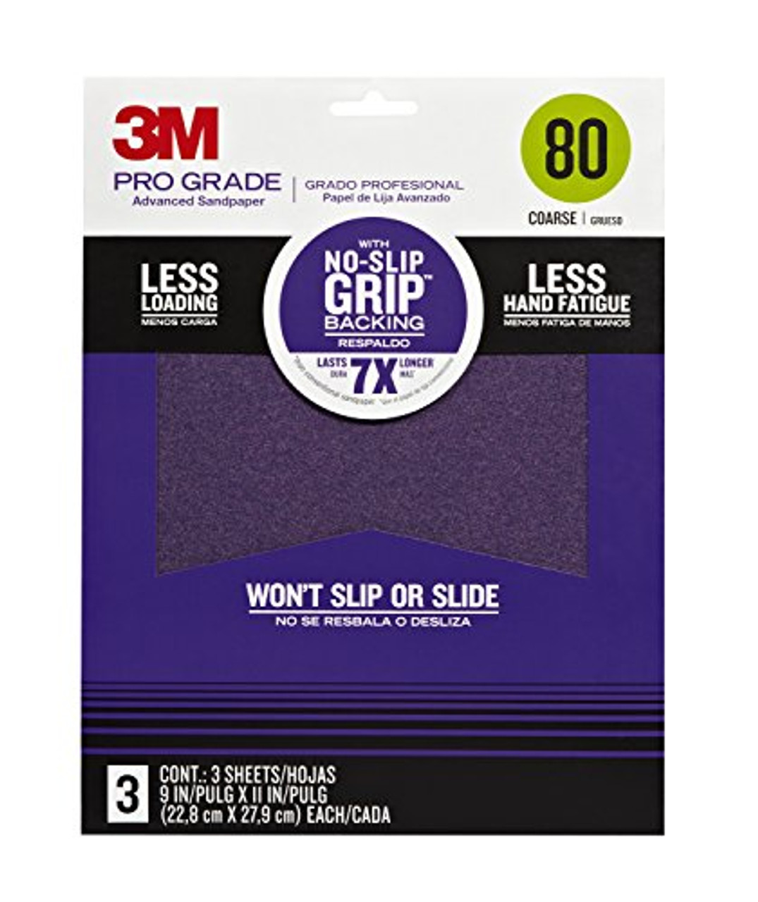 3M (26080TRI-3) Pro Grade No-Slip Grip Sandpaper, 80-Grit, 1-Pk/3-Sheets