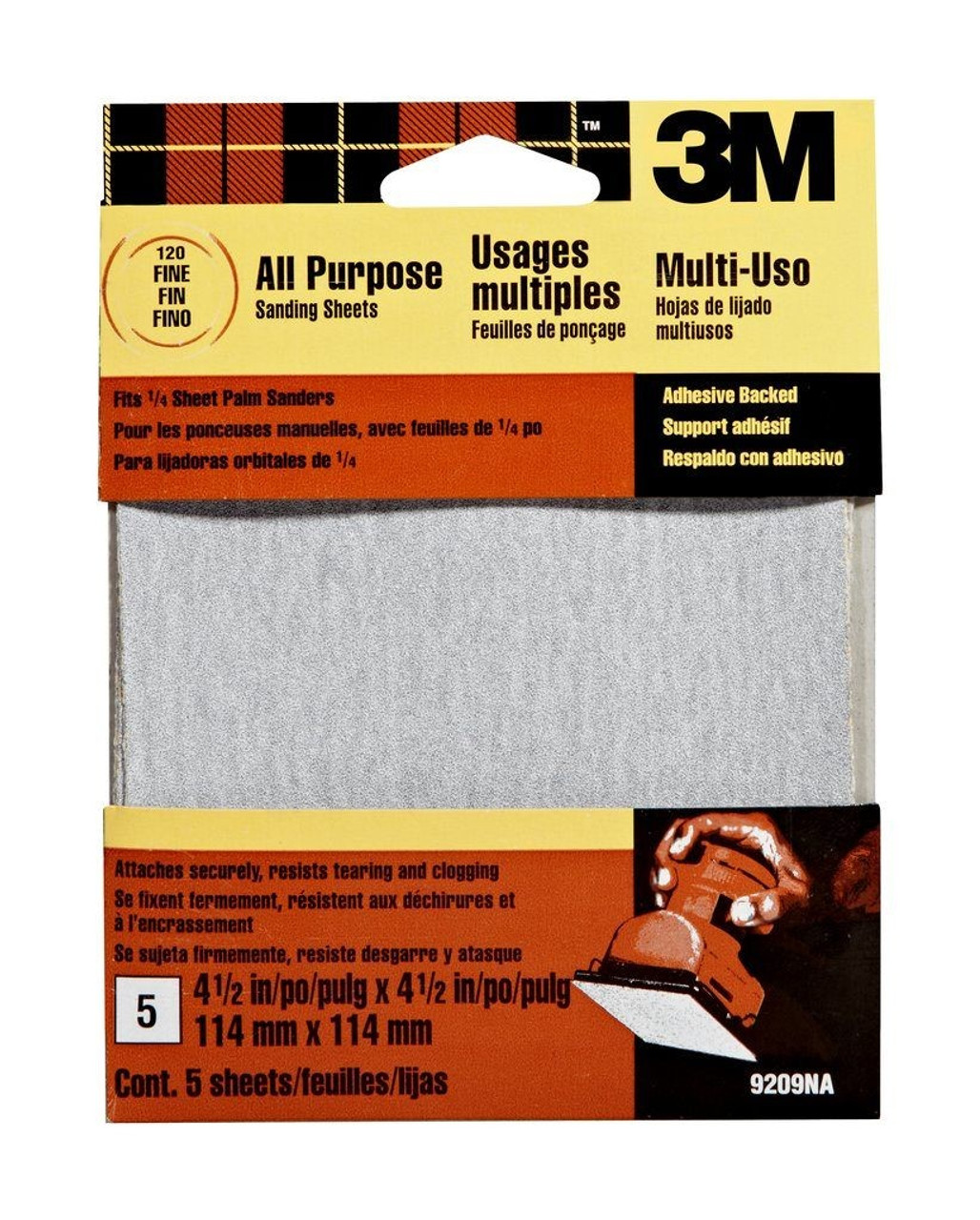 3M™ Adhesive Backed Palm Sander Sheets (9209NA), 4.5 in x 4.5 in Fine Grit, 1-Pk/5-Sheets
