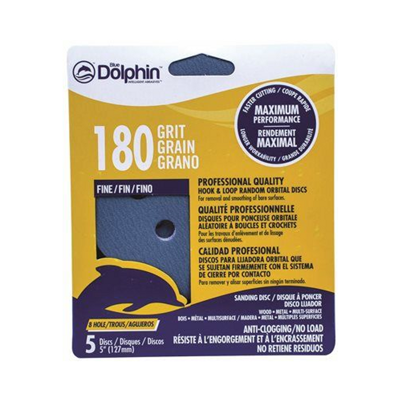 Blue Dolphin (SP NL5850180) Anti-Clogging/No Load Series 5 Inch 8-Hole Hook & Loop Discs 180 Grit, 1-Pk/5-Discs