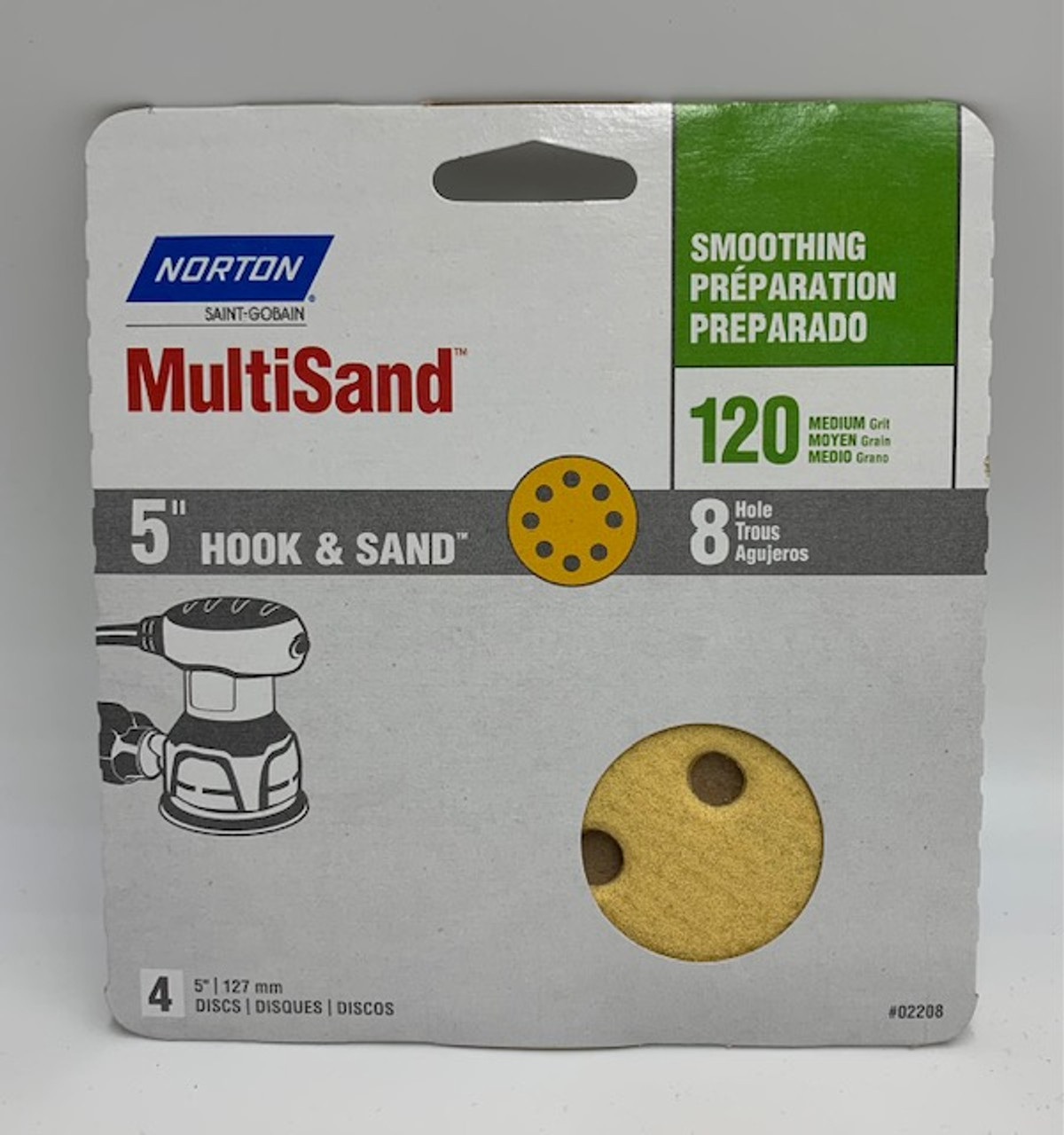 NORTON (02208) 8-Hole, 5" x 8", 120 Grit Hook & Sand Disc 1-Pk/4-Discs