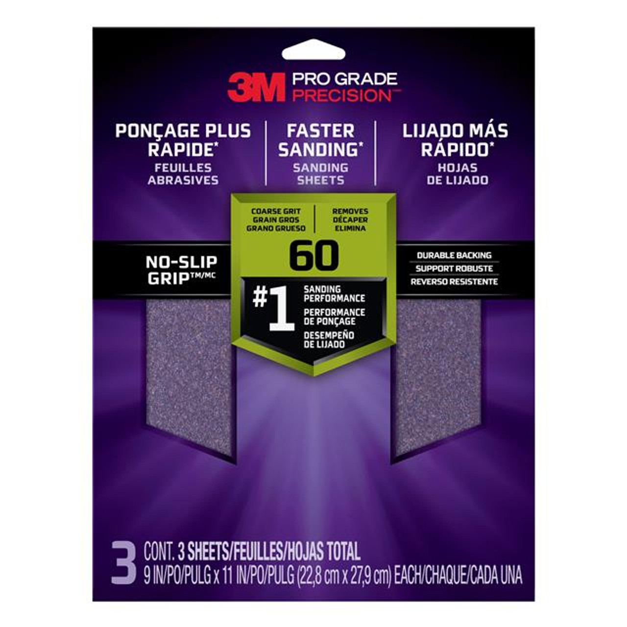 3M (26060TRI-3) Pro Grade No-Slip Grip Advanced Sandpaper, 9-Inch x 11-Inch, 60 Grit, Pack of 3