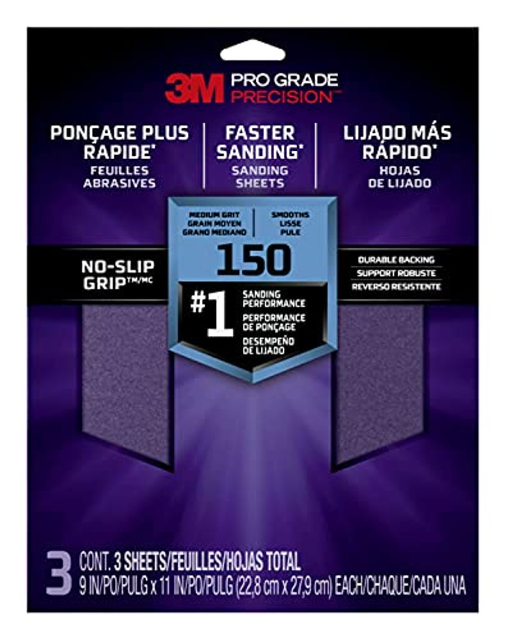 3M (26150TRI-3) Pro Grade No-Slip Grip Advanced Sandpaper, 9 X 11-in, 150 Grit, 1-Pack/3-Sheets
