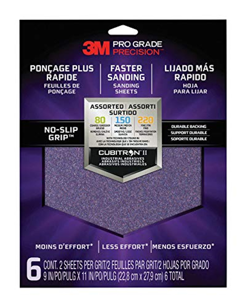 3M (26000TRI-6) Pro-Grade No-Slip Grip Sanding Sheets 11" X 9" Assorted 1-Pk/6-Sheets