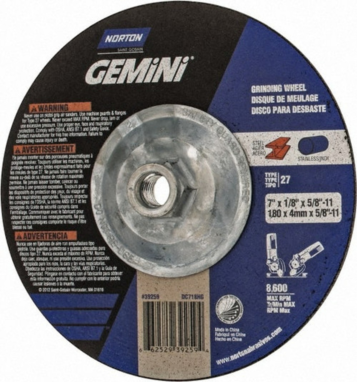 Norton Gemini 39259 7" x 1/8" x 5/8-11 Grinding Wheel