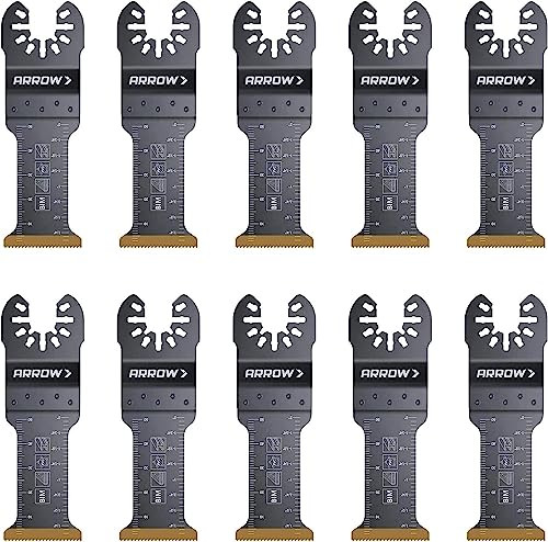 Arrow OSC201-10 Titanium Coated Bi-Metal Oscillating Tool Blades for Metal (nonferrous), Wood, Wood with Nails, PVC, Drywall, Universal, Fits Most Multitools, 1-1/4 inch, 10-Pack