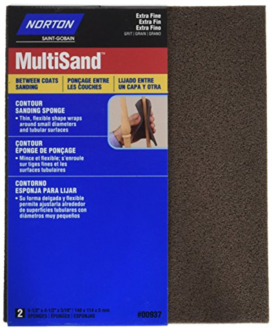 Norton (00937) 4-1/2-Inch X 5-1/2-Inch X 3/16-Inch Extra Fine Contour Sanding Sponge, 2-Pack