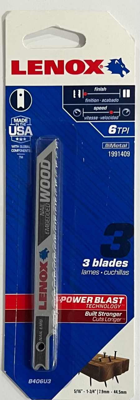 LENOX (3-Blades) 1991409 U-Shank General Purpose Jig Saw Blade, 4" x 3/8" 6 TPI