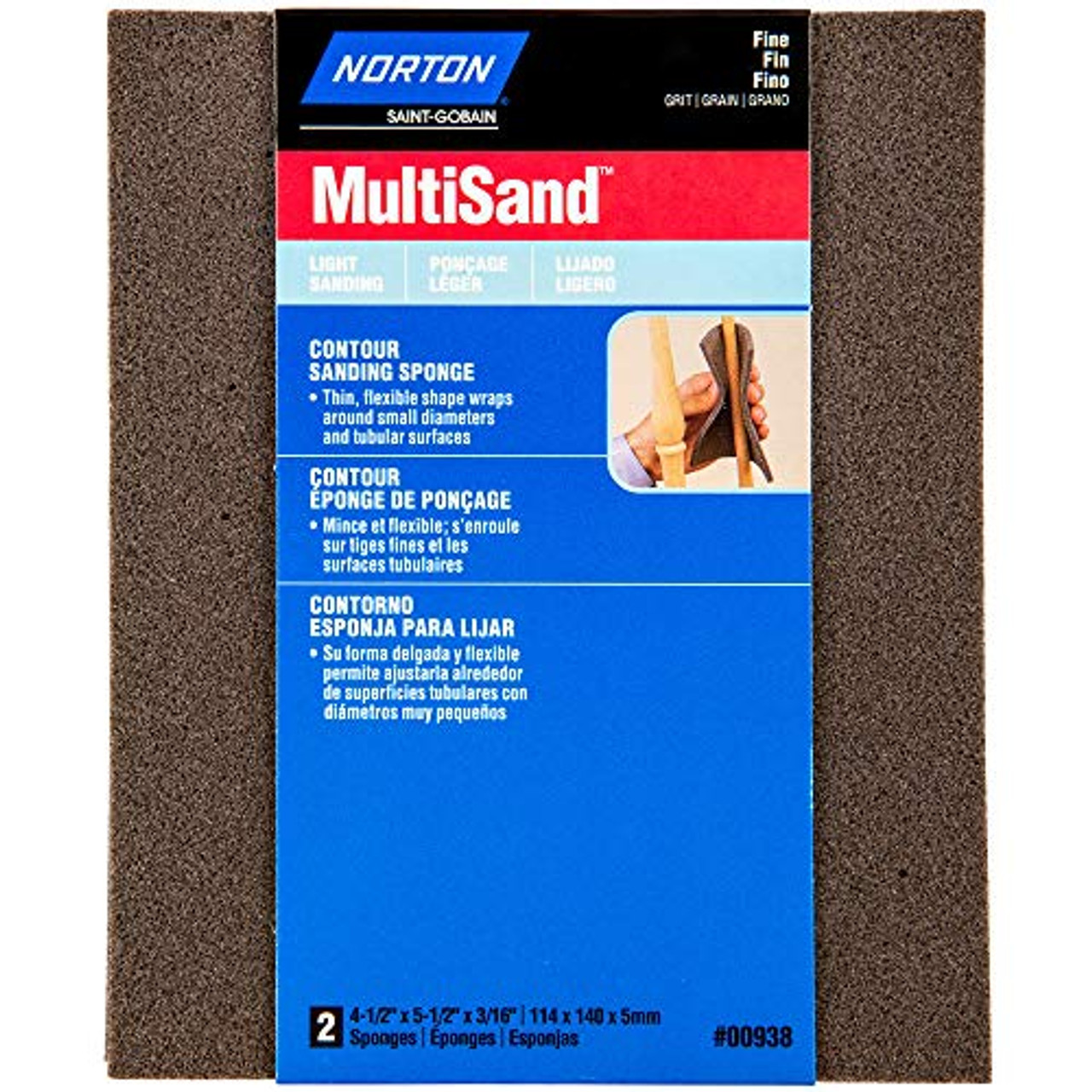 Norton (2-Pk) 4-1/2-Inch X 5-1/2-Inch X 3/16-Inch Fine Contour Sanding Sponge Fine, 00938