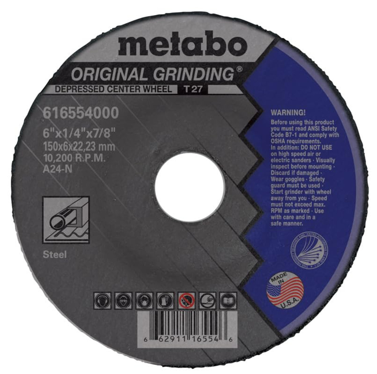 Metabo 6-inch Original Grinding Wheel | Type 27 | 6" x 1/4" x 5/8"-11 | A24N | Aluminum Oxide | Fast & Reliable Results | Steel, Stainless Steel | 655554000