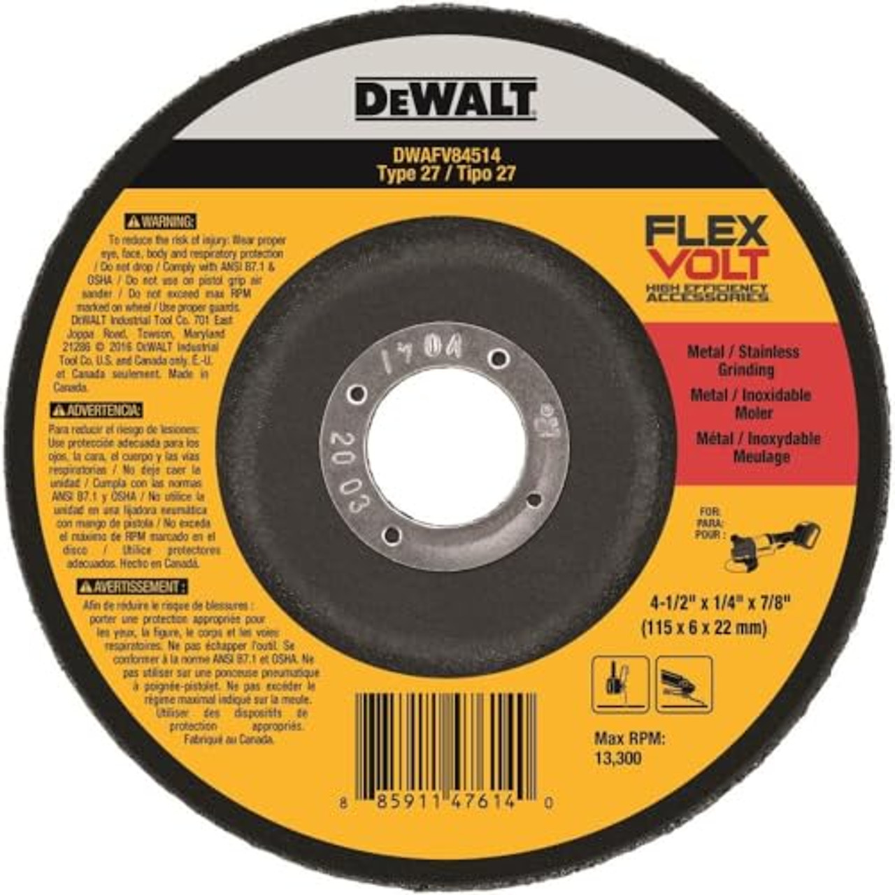 DEWALT DWAFV84514H FLEXVOLT T27 Cutting/Grinding Wheel, 4-1/2" x 1/4" x 5/8"-11"