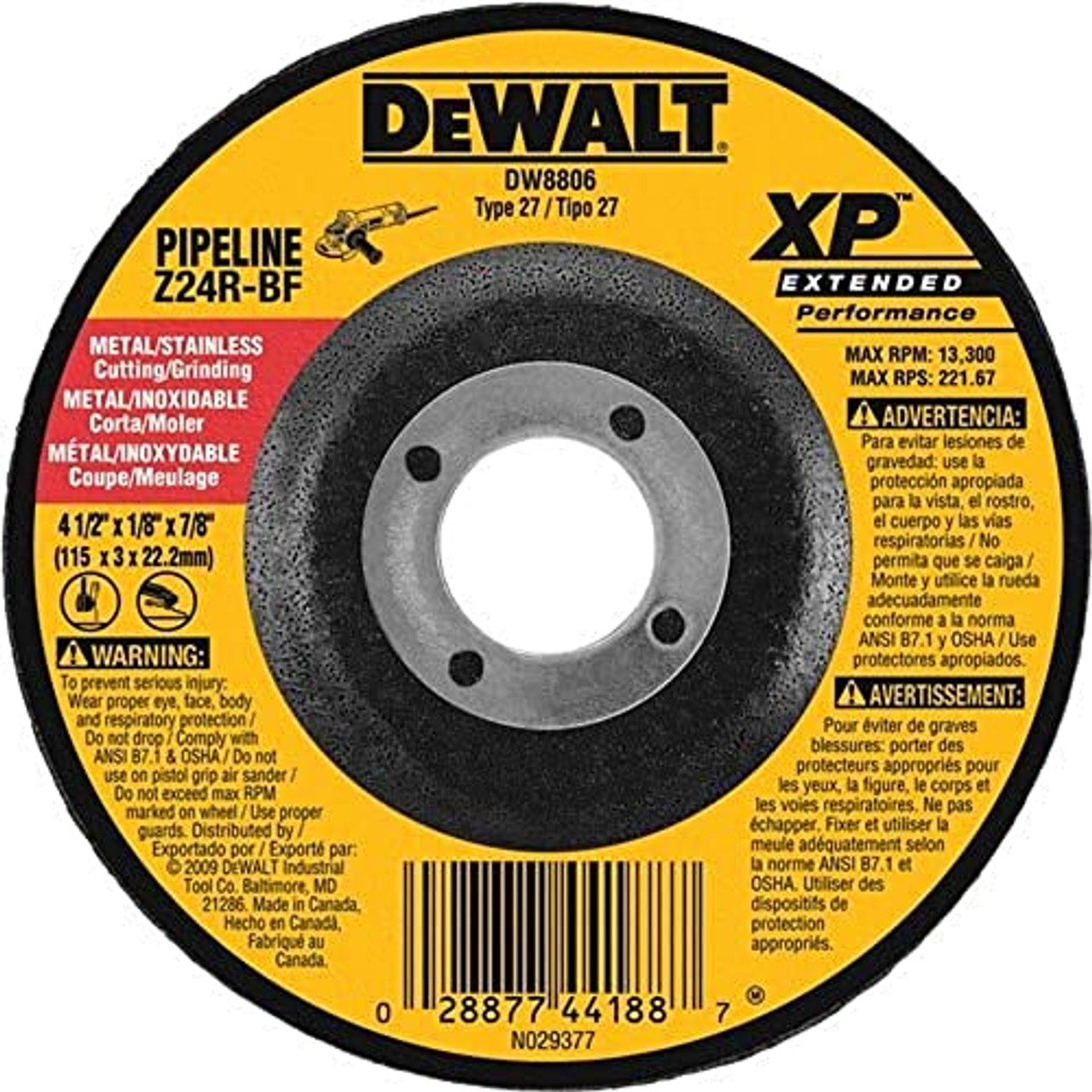 DEWALT DW8806 4-1/2" x 1/8" x 7/8" Extended Performance Pipeline Grinding Wheel, 7/8" Arbor