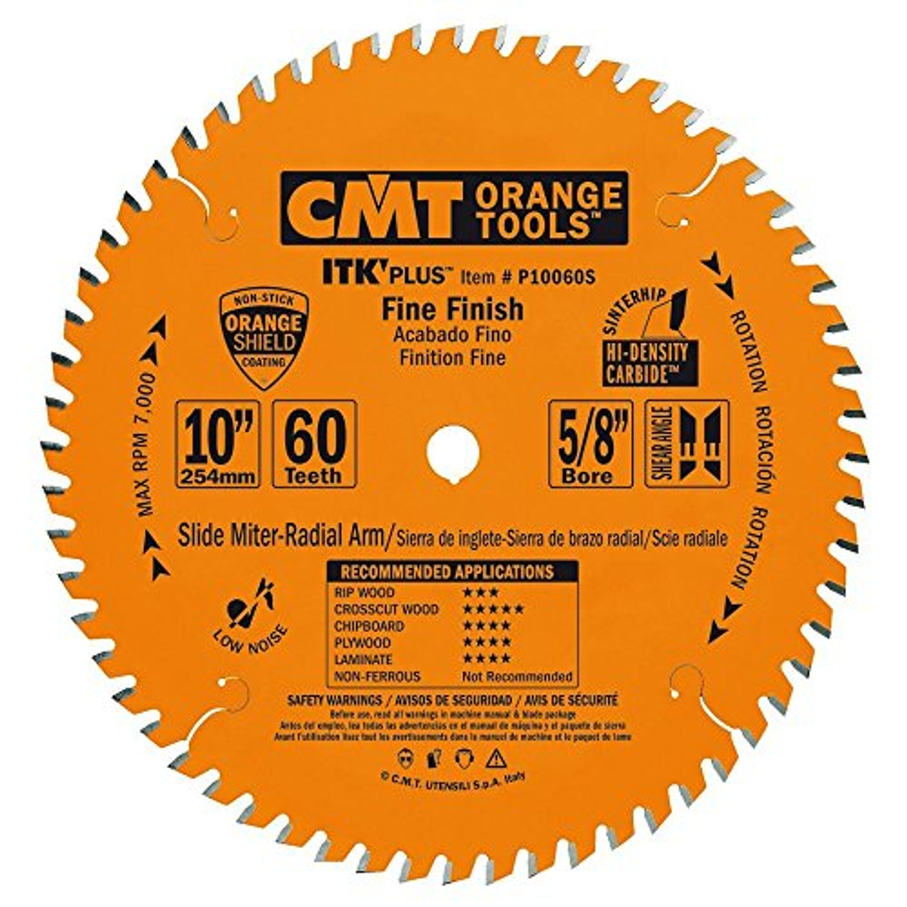 CMT P10060S ITK Plus Finish Sliding Compound Saw Blade, 10 x 60 Teeth, 10° ATB+Shear with 5/8-Inch bore