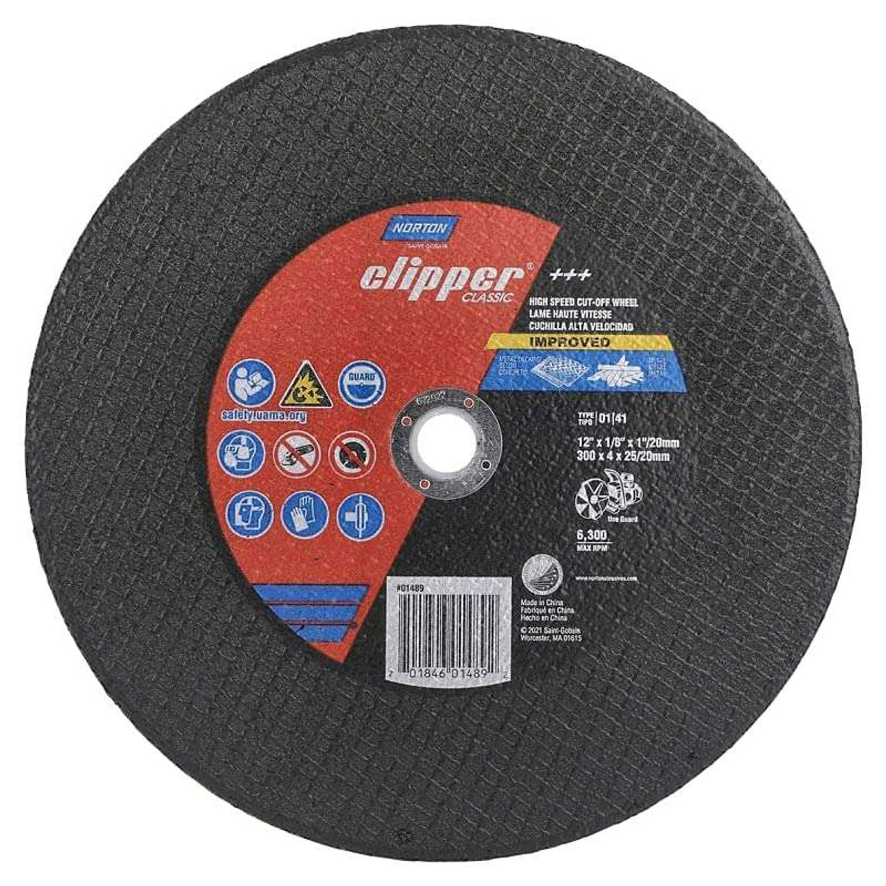 NORTON CLIPPER CLASSIC 01489 High Speed Cut-Off Wheel, 12" x 1/8" x 1"/20mm, Type 01/41